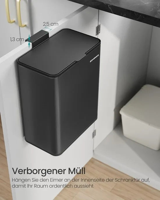 FurnStar - Vuilnisemmer hangend - 8 l compostemmer keuken - stalen afvalemmer met deksel voor biologisch afval - met haken - aan de kastdeur of muur - voor onderkast badkamer - Inktzwart