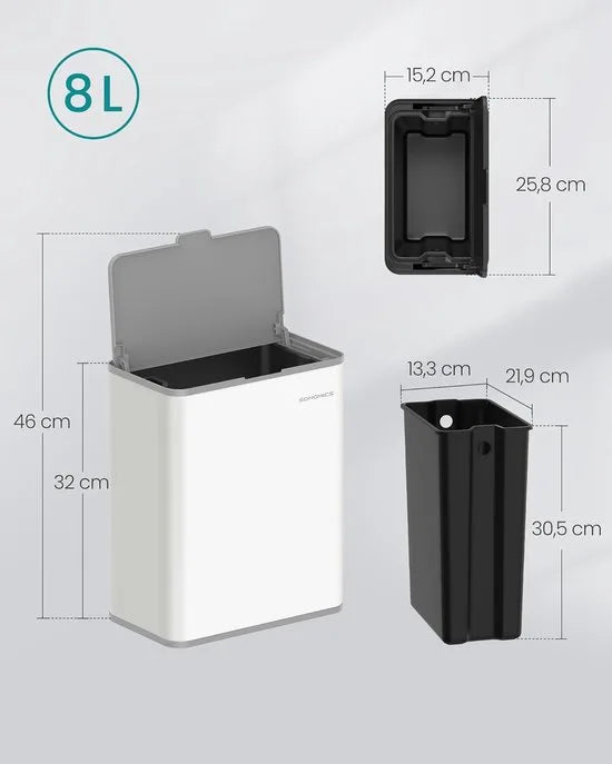 FurnStar - Vuilnisemmer hangend - 8 l compostemmer keuken - stalen afvalemmer met deksel voor biologisch afval - met haken - aan de kastdeur of muur - voor onderkast badkamer - Inktzwart – Wit