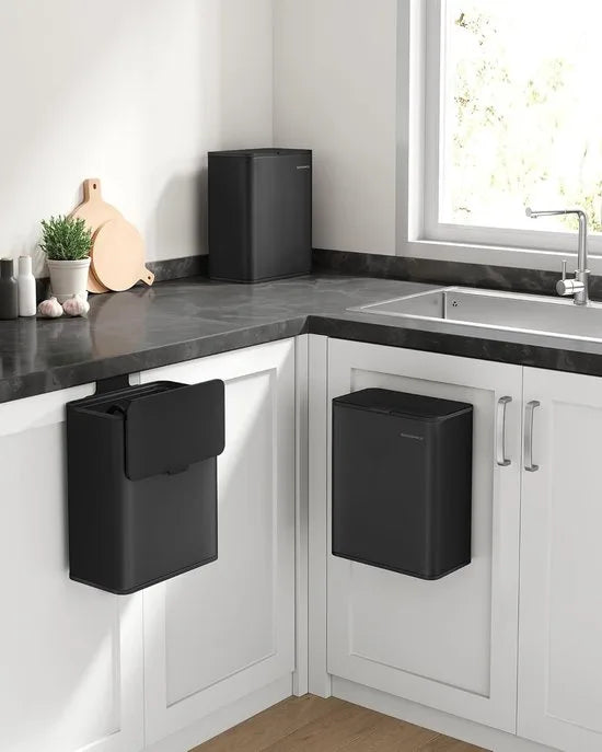 FurnStar - Vuilnisemmer hangend - 8 l compostemmer keuken - stalen afvalemmer met deksel voor biologisch afval - met haken - aan de kastdeur of muur - voor onderkast badkamer - Inktzwart