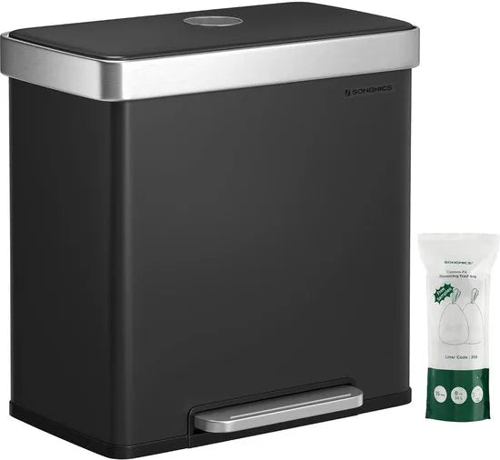 Furnstar Vuilnisemmer - 2 x 30 L roestvrijstalen pedaalemmer - Inclusief 15 vuilniszakken - Recycling en afval - Kunststof binnenemmers - Deksel - Soft closure - 58,2 x 31,5 x 60,5 cm - Wit – Mat zwart
