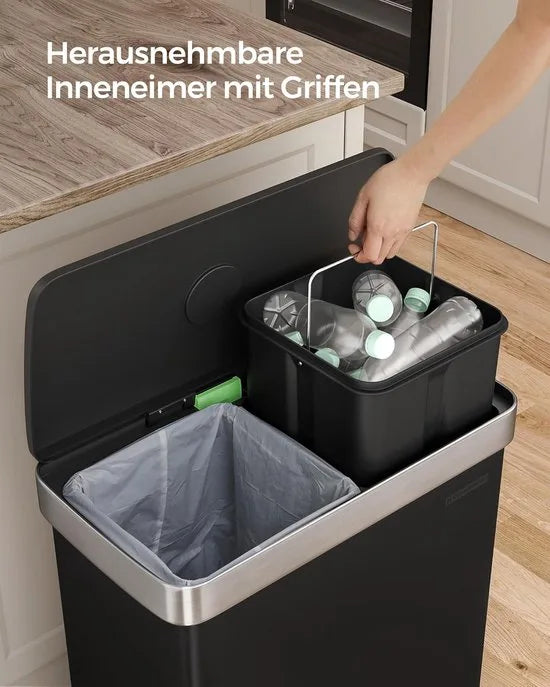 Furnstar Vuilnisemmer keuken - 2 x 30 L - Afvalscheidingssysteem - 2 vakken - Inclusief 15 vuilniszakken - Roestvrij staal - Kunststof binnenemmer - Met deksel - Softclose - 58,2 x 31,5 x 60,5 cm - Zwart