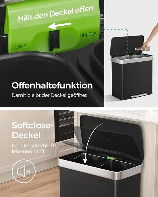 Furnstar Vuilnisemmer keuken - 2 x 30 L - Afvalscheidingssysteem - 2 vakken - Inclusief 15 vuilniszakken - Roestvrij staal - Kunststof binnenemmer - Met deksel - Softclose - 58,2 x 31,5 x 60,5 cm - Zwart