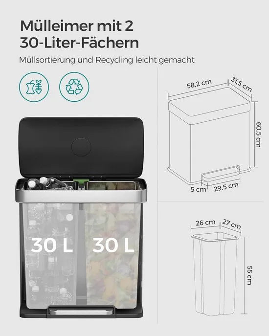 Furnstar Vuilnisemmer keuken - 2 x 30 L - Afvalscheidingssysteem - 2 vakken - Inclusief 15 vuilniszakken - Roestvrij staal - Kunststof binnenemmer - Met deksel - Softclose - 58,2 x 31,5 x 60,5 cm - Zwart