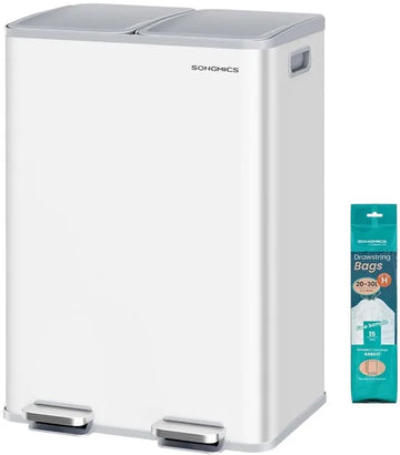 FurnStar – Vuilnisemmer keuken 2 x 30L – Dubbele pedaalemmer met softclose deksel en uitneembare binnenemmers – Inclusief 15 vuilniszakken – Matwit – Afvalscheiding 2 vakken