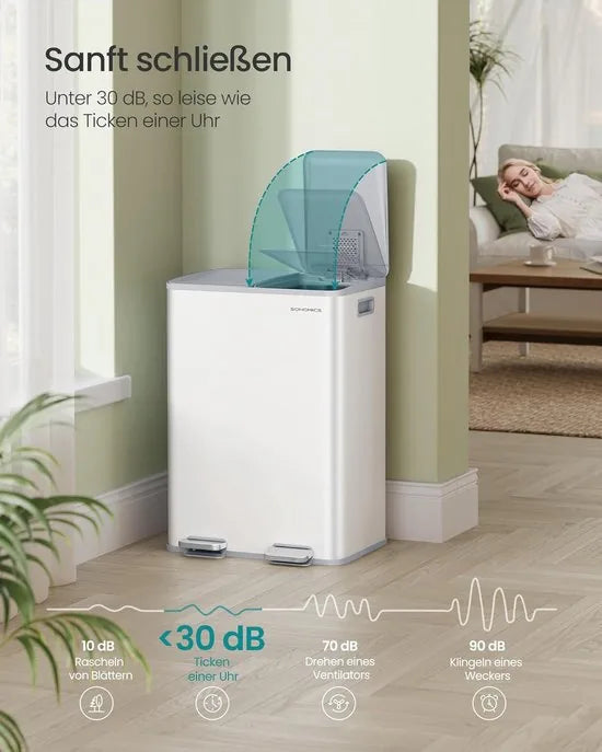 FurnStar – Vuilnisemmer keuken 2 x 30L – Dubbele pedaalemmer met softclose deksel en uitneembare binnenemmers – Inclusief 15 vuilniszakken – Matwit – Afvalscheiding 2 vakken