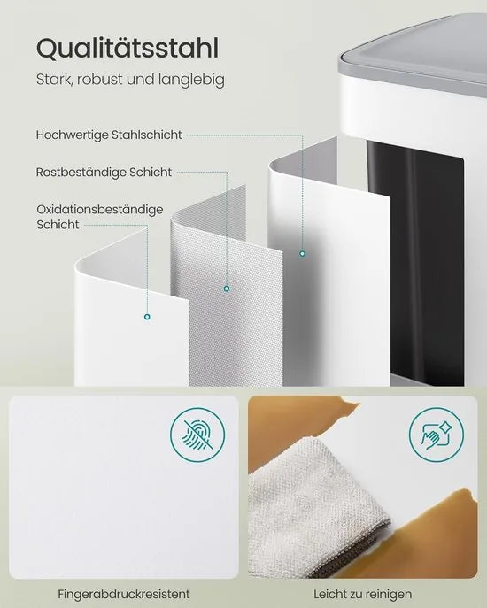 FurnStar – Vuilnisemmer keuken 2 x 30L – Dubbele pedaalemmer met softclose deksel en uitneembare binnenemmers – Inclusief 15 vuilniszakken – Matwit – Afvalscheiding 2 vakken