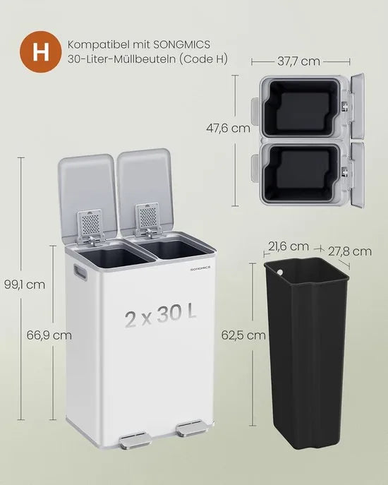 FurnStar – Vuilnisemmer keuken 2 x 30L – Dubbele pedaalemmer met softclose deksel en uitneembare binnenemmers – Inclusief 15 vuilniszakken – Matwit – Afvalscheiding 2 vakken