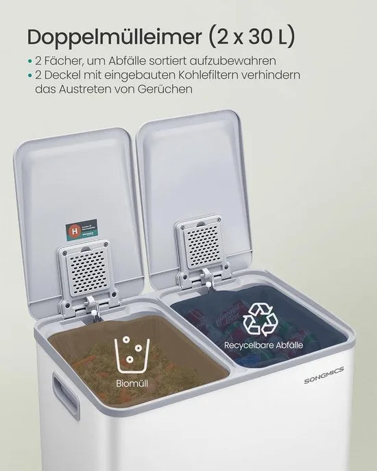 FurnStar – Vuilnisemmer keuken 2 x 30L – Dubbele pedaalemmer met softclose deksel en uitneembare binnenemmers – Inclusief 15 vuilniszakken – Matwit – Afvalscheiding 2 vakken