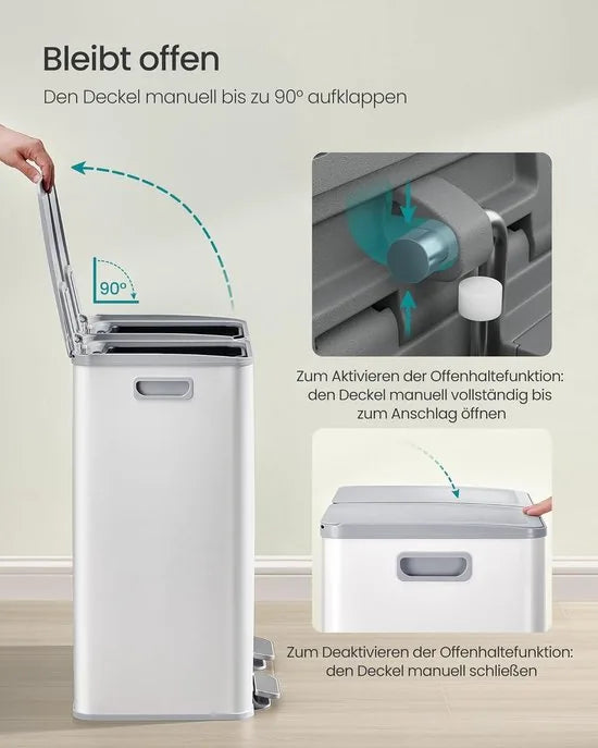 FurnStar – Vuilnisemmer keuken 2 x 30L – Dubbele pedaalemmer met softclose deksel en uitneembare binnenemmers – Inclusief 15 vuilniszakken – Matwit – Afvalscheiding 2 vakken