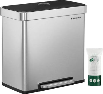 Furnstar Vuilnisemmer voor keuken - 2 x 30 L - Afvalscheidingssysteem - 2 vakken - Inclusief 15 vuilniszakken - Roestvrij staal - Kunststof binnenemmer - Met deksel - Softclose - 58 x 31,5 x 59 cm - Zilver