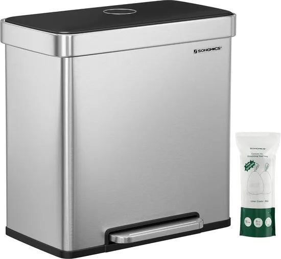 Furnstar Vuilnisemmer voor keuken - 2 x 30 L - Afvalscheidingssysteem - 2 vakken - Inclusief 15 vuilniszakken - Roestvrij staal - Kunststof binnenemmer - Met deksel - Softclose - 58 x 31,5 x 59 cm - Zilver