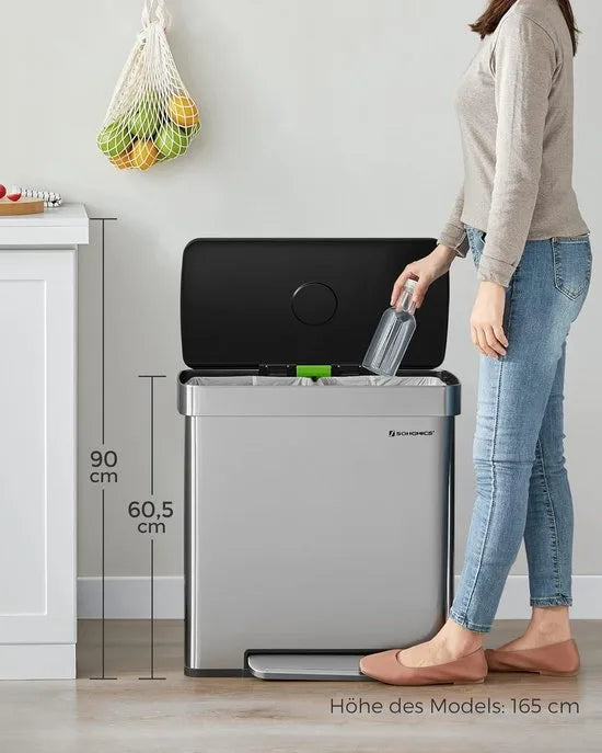 Furnstar Vuilnisemmer voor keuken - 2 x 30 L - Afvalscheidingssysteem - 2 vakken - Inclusief 15 vuilniszakken - Roestvrij staal - Kunststof binnenemmer - Met deksel - Softclose - 58 x 31,5 x 59 cm - Zilver
