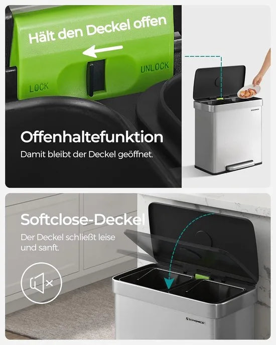 Furnstar Vuilnisemmer voor keuken - 2 x 30 L - Afvalscheidingssysteem - 2 vakken - Inclusief 15 vuilniszakken - Roestvrij staal - Kunststof binnenemmer - Met deksel - Softclose - 58 x 31,5 x 59 cm - Zilver