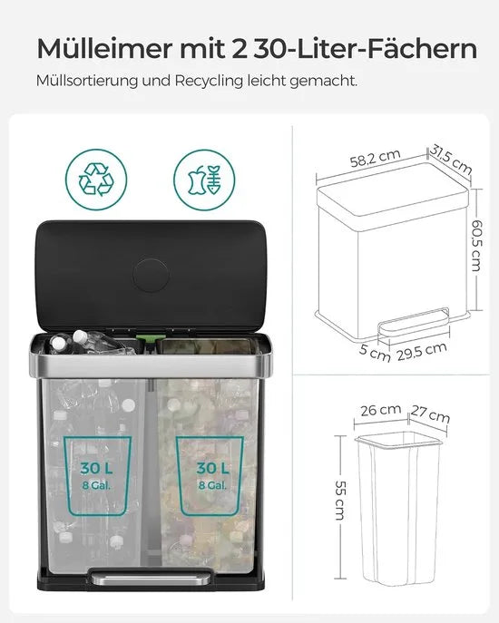 Furnstar Vuilnisemmer voor keuken - 2 x 30 L - Afvalscheidingssysteem - 2 vakken - Inclusief 15 vuilniszakken - Roestvrij staal - Kunststof binnenemmer - Met deksel - Softclose - 58 x 31,5 x 59 cm - Zilver