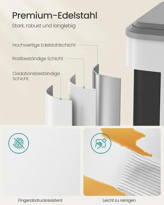 Furnstar Vuilnisemmer voor keuken - Afvalscheidingssysteem 2 x 30 L - 2 vakken voor recycling en restafval - Afvalemmer met binnenemmer - Staal - Softclose deksel - Breed robuust pedaal - Wolkenwit