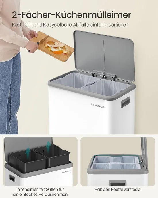 Furnstar Vuilnisemmer voor keuken - Afvalscheidingssysteem 2 x 30 L - 2 vakken voor recycling en restafval - Afvalemmer met binnenemmer - Staal - Softclose deksel - Breed robuust pedaal - Wolkenwit