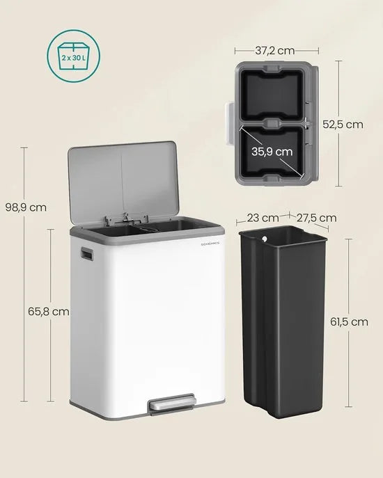 Furnstar Vuilnisemmer voor keuken - Afvalscheidingssysteem 2 x 30 L - 2 vakken voor recycling en restafval - Afvalemmer met binnenemmer - Staal - Softclose deksel - Breed robuust pedaal - Wolkenwit