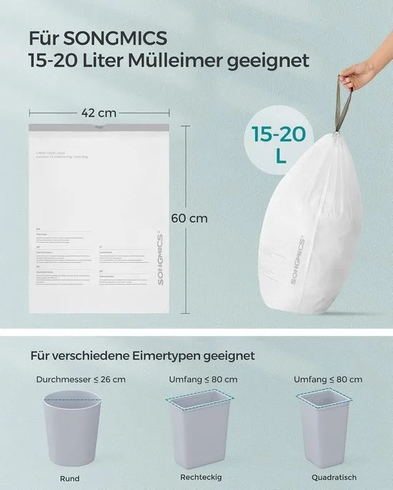 Furnstar Vuilniszakken met Trekkoord – Extra Sterk – Geschikt voor 20L Vuilnisemmer – 120 Stuks (3 Rollen) – Wit