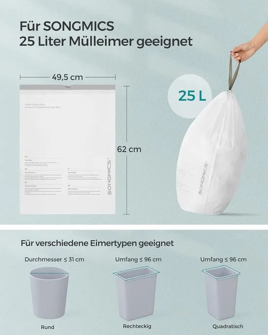 Furnstar Vuilniszakken met Trekkoord – Extra Sterk – Voor 25 Liter Vuilnisemmer – Precies Passend – 120 Stuks (3 Rollen) – Wit