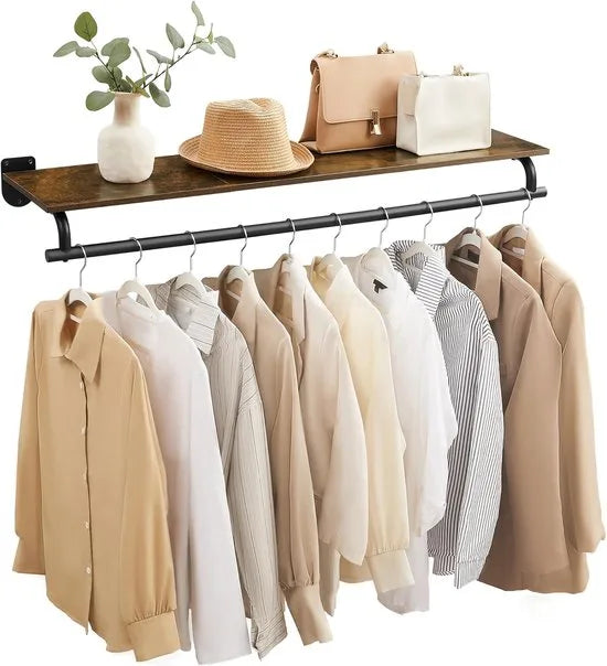 Furnstar Wandgarderobe - Wandrek met Kledingstang - Totale Belastbaarheid 60 kg - Vintage Bruin + Inktzwart - 28 x 109 x 13,2 cm - Voor Slaapkamer, Kleedkamer of Entree