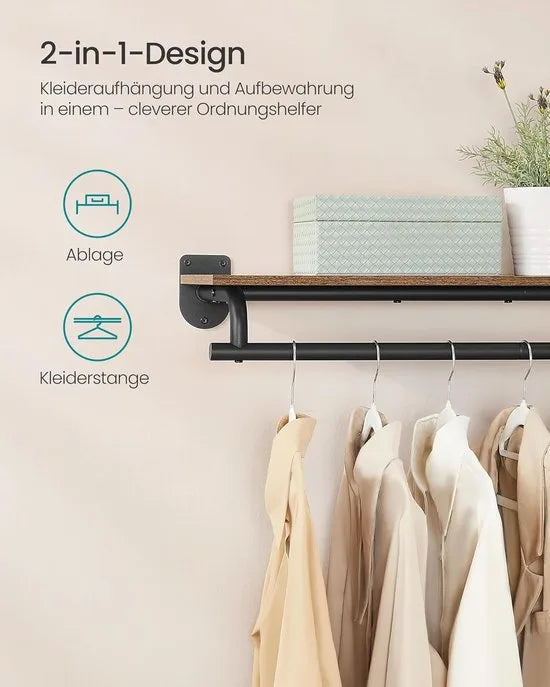 Furnstar Wandgarderobe - Wandrek met Kledingstang - Totale Belastbaarheid 60 kg - Vintage Bruin + Inktzwart - 28 x 109 x 13,2 cm - Voor Slaapkamer, Kleedkamer of Entree