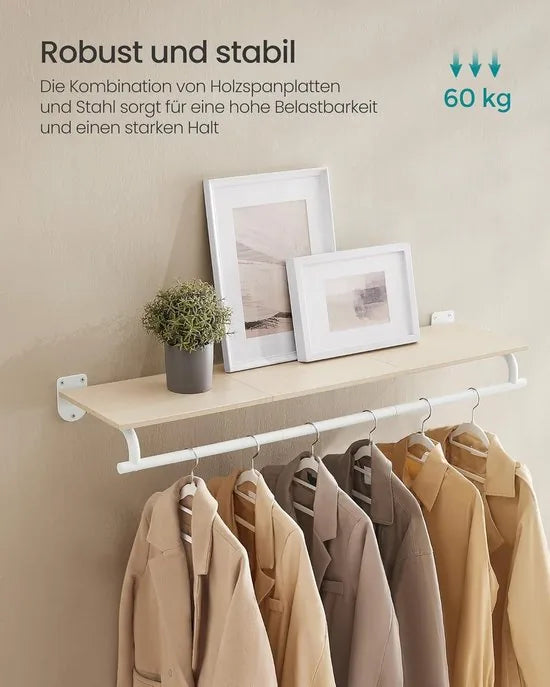 Furnstar Wandgarderobe - Wandrek met Kledingstang - Totale Belastbaarheid 60 kg - Natuurlijk beige + wolkenwit - 28 x 109 x 13,2 cm - Voor Slaapkamer, Kleedkamer of Entree