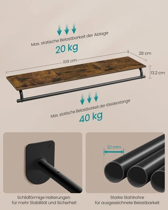 Furnstar Wandgarderobe - Wandrek met Kledingstang - Totale Belastbaarheid 60 kg - Vintage Bruin + Inktzwart - 28 x 109 x 13,2 cm - Voor Slaapkamer, Kleedkamer of Entree