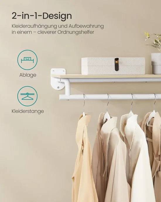 Furnstar Wandgarderobe - Wandrek met Kledingstang - Totale Belastbaarheid 60 kg - Natuurlijk beige + wolkenwit - 28 x 109 x 13,2 cm - Voor Slaapkamer, Kleedkamer of Entree