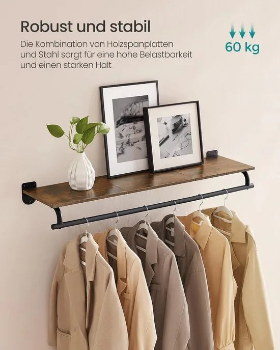 Furnstar Wandgarderobe - Wandrek met Kledingstang - Totale Belastbaarheid 60 kg - Vintage Bruin + Inktzwart - 28 x 109 x 13,2 cm - Voor Slaapkamer, Kleedkamer of Entree