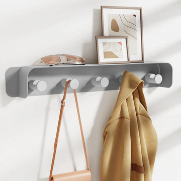 Furnstar Wandgemonteerd Jassenrek – Met Plank & 5 Robuuste Metalen Haken – Multifunctioneel Kledingrek voor Badkamer Slaapkamer & Entree – Decoratief Aluminium Design – Grijs