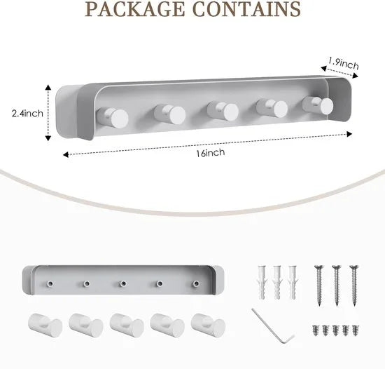 Furnstar Wandgemonteerd Jassenrek – Met Plank & 5 Robuuste Metalen Haken – Multifunctioneel Kledingrek voor Badkamer Slaapkamer & Entree – Decoratief Aluminium Design – Grijs