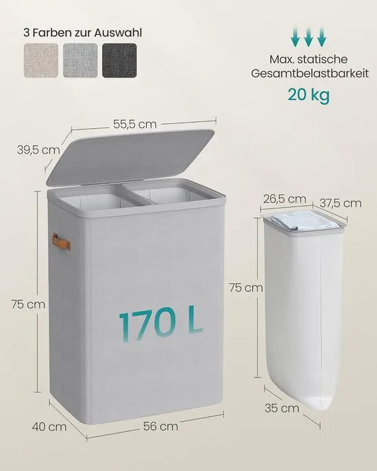 Furnstar Wasmand 170 l - Wasverzamelaar - 2 vakken - Wassorteerder - Lichte constructie met deksel en handgrepen - Uitneembare waszak 56 x 40 x 75 cm - Duifgrijs