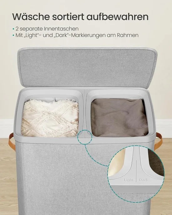 Furnstar Wasmand 170 l - Wasverzamelaar - 2 vakken - Wassorteerder - Lichte constructie met deksel en handgrepen - Uitneembare waszak 56 x 40 x 75 cm - Duifgrijs