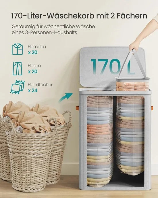 Furnstar Wasmand 170 l - Wasverzamelaar - 2 vakken - Wassorteerder - Lichte constructie met deksel en handgrepen - Uitneembare waszak 56 x 40 x 75 cm - Duifgrijs