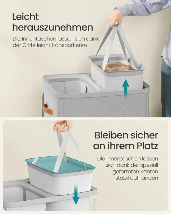 Furnstar Wasmand 170 l - Wasverzamelaar - 2 vakken - Wassorteerder - Lichte constructie met deksel en handgrepen - Uitneembare waszak 56 x 40 x 75 cm - Duifgrijs