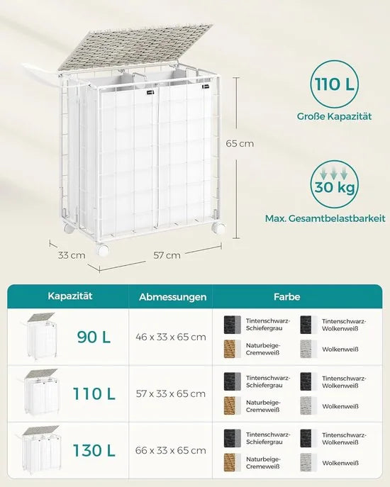 Furnstar - Wasmand - 2 vakken - 110 l - Opvouwbare wasverzamelaar met wieltjes - Wasbox - Waswagen met deksel - Waszak uitneembaar - 57 x 33 x 65 cm - Wolkenwit