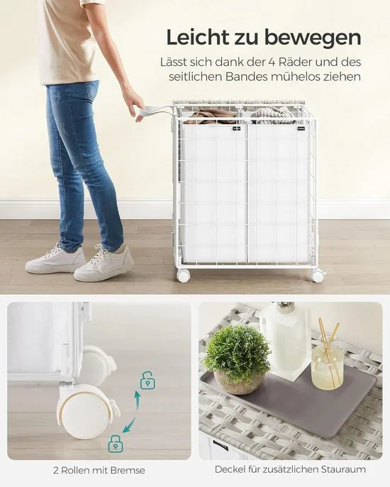 Furnstar - Wasmand - 2 vakken - 110 l - Opvouwbare wasverzamelaar met wieltjes - Wasbox - Waswagen met deksel - Waszak uitneembaar - 57 x 33 x 65 cm - Wolkenwit