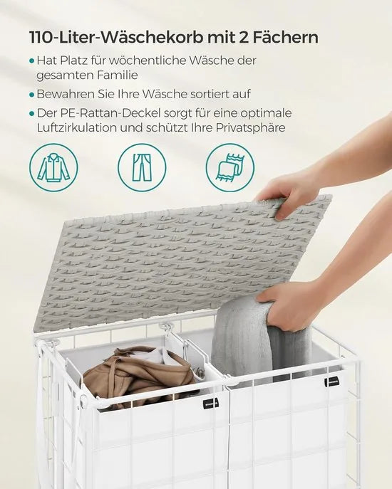 Furnstar - Wasmand - 2 vakken - 110 l - Opvouwbare wasverzamelaar met wieltjes - Wasbox - Waswagen met deksel - Waszak uitneembaar - 57 x 33 x 65 cm - Wolkenwit