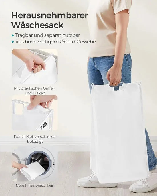 Furnstar - Wasmand - 2 vakken - 110 l - Opvouwbare wasverzamelaar met wieltjes - Wasbox - Waswagen met deksel - Waszak uitneembaar - 57 x 33 x 65 cm - Wolkenwit