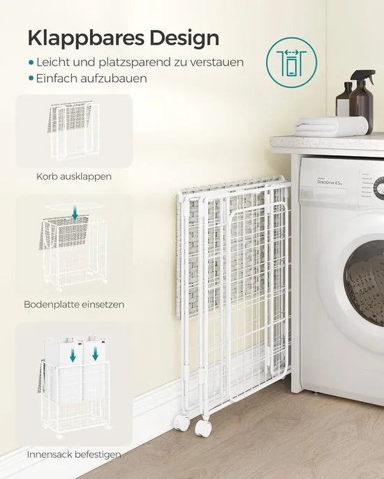 Furnstar - Wasmand - 2 vakken - 110 l - Opvouwbare wasverzamelaar met wieltjes - Wasbox - Waswagen met deksel - Waszak uitneembaar - 57 x 33 x 65 cm - Wolkenwit