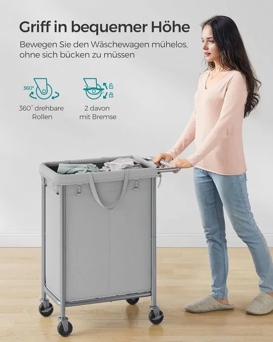 FurnStar - Wasmand 2 vakken - 140 liter - Wasverzamelaar met wieltjes - Waszak Afneembaar - Stalen frame - Met handvat - Ruim - 69 x 39 x 81 cm - Grijs