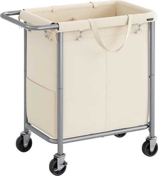 FurnStar - Wasmand 2 vakken - 140 liter - Wasverzamelaar met wieltjes - Waszak Afneembaar - Stalen frame - Met handvat - Ruim - 69 x 39 x 81 cm - Cremewit