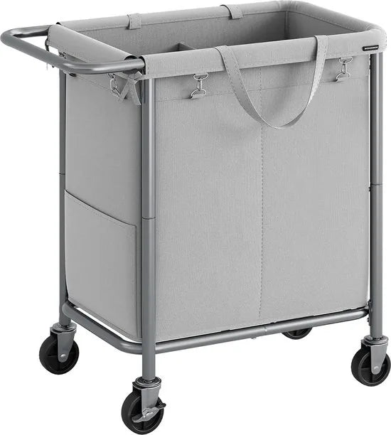 FurnStar - Wasmand 2 vakken - 140 liter - Wasverzamelaar met wieltjes - Waszak Afneembaar - Stalen frame - Met handvat - Ruim - 69 x 39 x 81 cm - Grijs