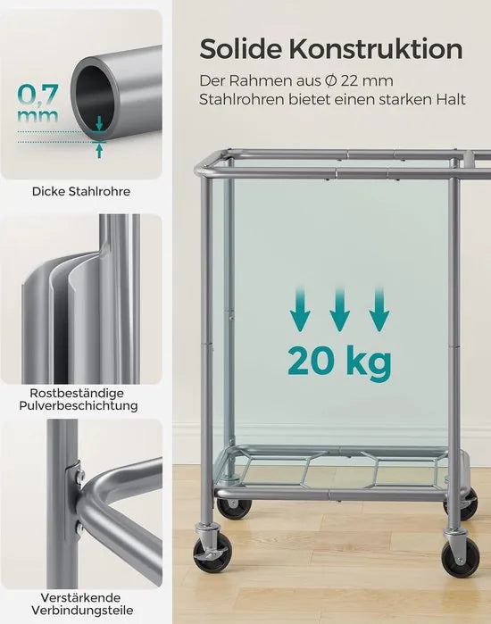 FurnStar - Wasmand 2 vakken - 90 liter - Wasverzamelaar met wieltjes - Waszak Afneembaar - Stalen frame - Met handvat - Ruim - 61 x 29 x 81 cm - Zwart – Creme 69 x 39 x 81cm