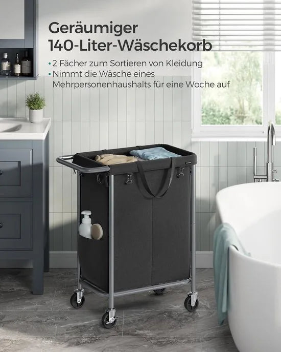 FurnStar - Wasmand - 2 vakken - 140 liter - Wasverzamelaar met wieltjes - Waszak Afneembaar - Stalen frame - Met handvat - Ruim - 69 x 39 x 81 cm - Zwart