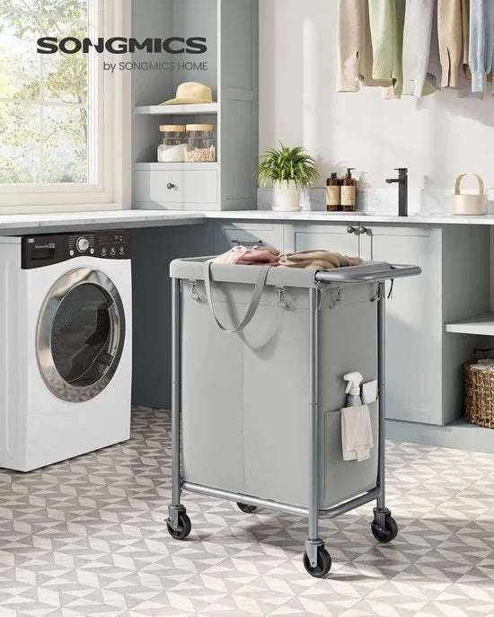 FurnStar - Wasmand 2 vakken - 140 liter - Wasverzamelaar met wieltjes - Waszak Afneembaar - Stalen frame - Met handvat - Ruim - 69 x 39 x 81 cm - Grijs