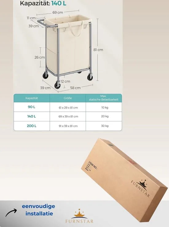 FurnStar - Wasmand 2 vakken - 140 liter - Wasverzamelaar met wieltjes - Waszak Afneembaar - Stalen frame - Met handvat - Ruim - 69 x 39 x 81 cm - Cremewit