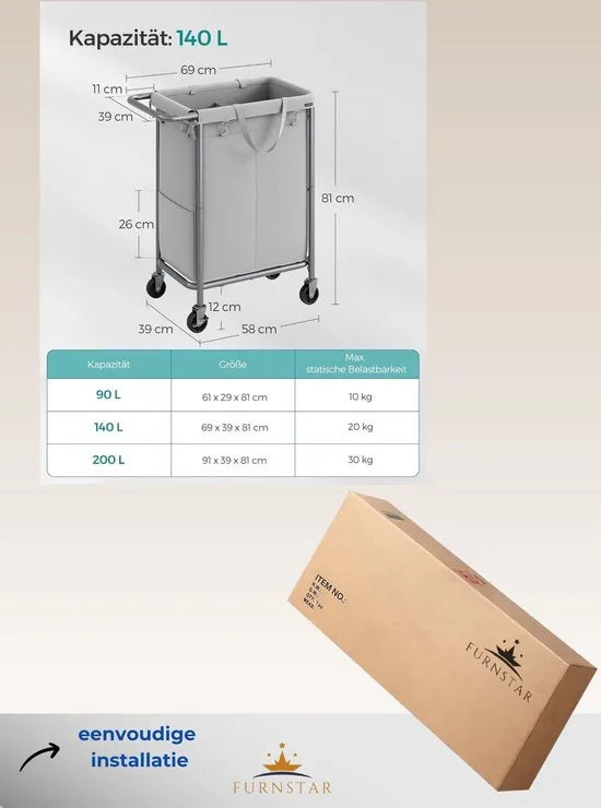 FurnStar - Wasmand 2 vakken - 140 liter - Wasverzamelaar met wieltjes - Waszak Afneembaar - Stalen frame - Met handvat - Ruim - 69 x 39 x 81 cm - Grijs