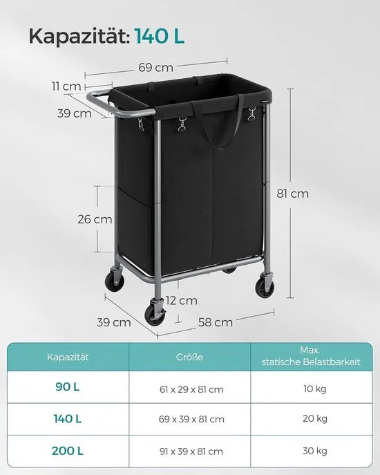 FurnStar - Wasmand - 2 vakken - 140 liter - Wasverzamelaar met wieltjes - Waszak Afneembaar - Stalen frame - Met handvat - Ruim - 69 x 39 x 81 cm - Zwart