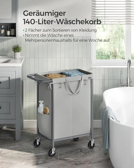 FurnStar - Wasmand 2 vakken - 140 liter - Wasverzamelaar met wieltjes - Waszak Afneembaar - Stalen frame - Met handvat - Ruim - 69 x 39 x 81 cm - Grijs